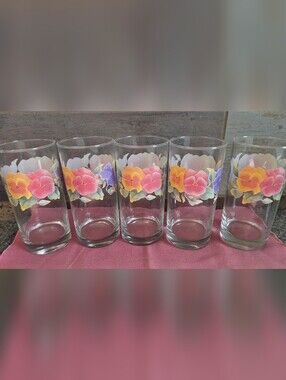 Vintage Corelle Summer Blush Pansy Tumblers 6” Drinking Glass Glasses Set Of 5
